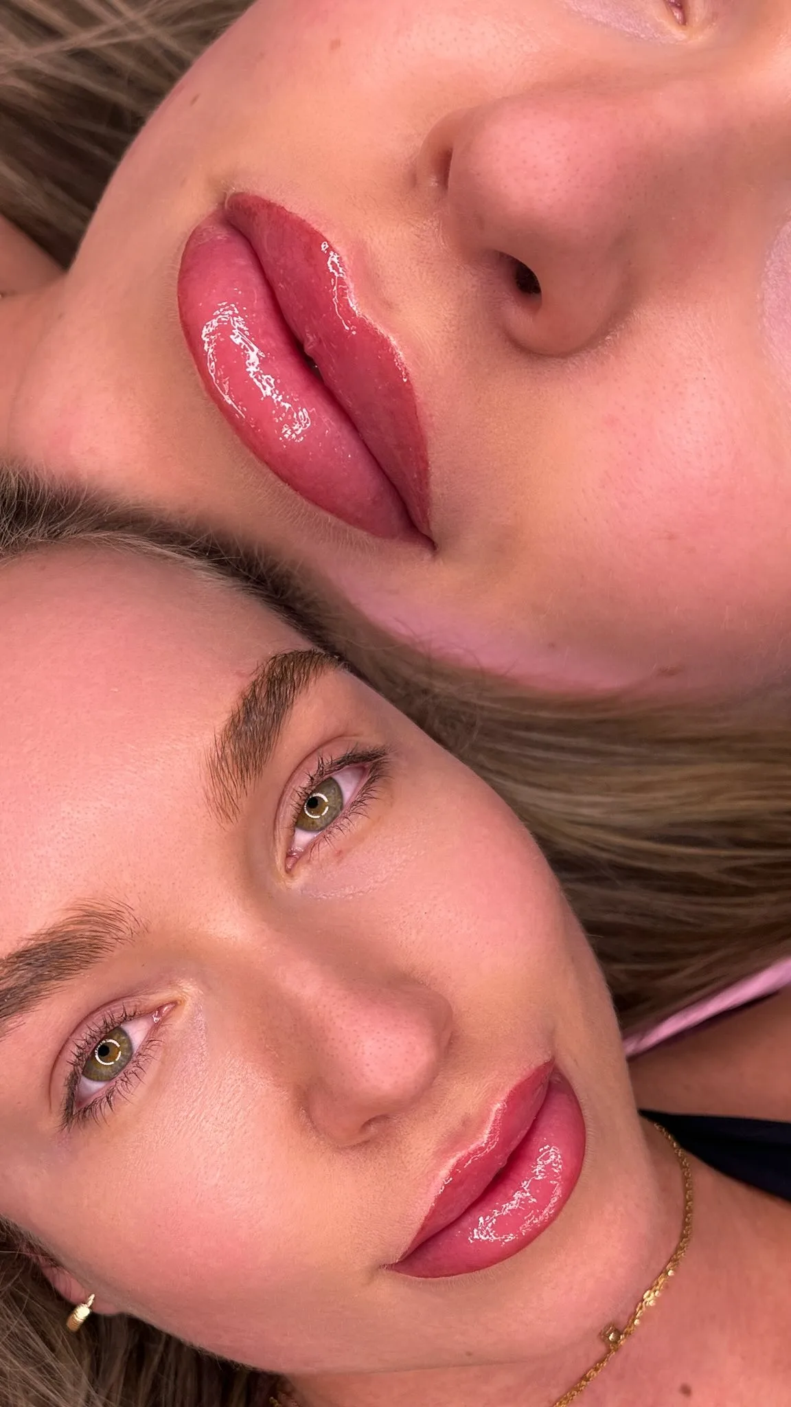 Lip blush PMU result on two clients — a soft, glossy wash of natural colour