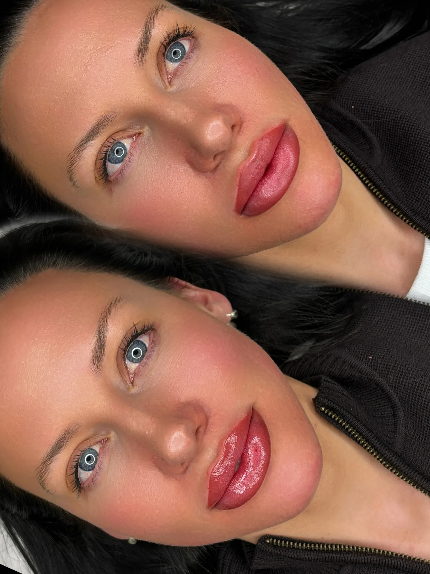 Two clients showing lip blush results — dark hair, defined lip colour