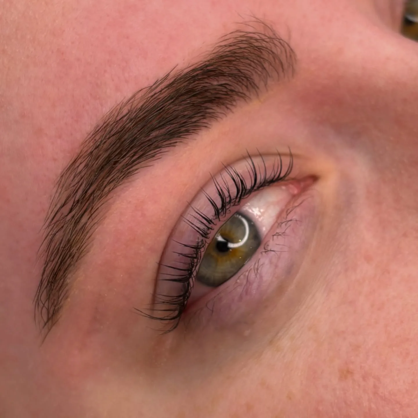 Single eye macro — lash lift and laminated brow, green iris